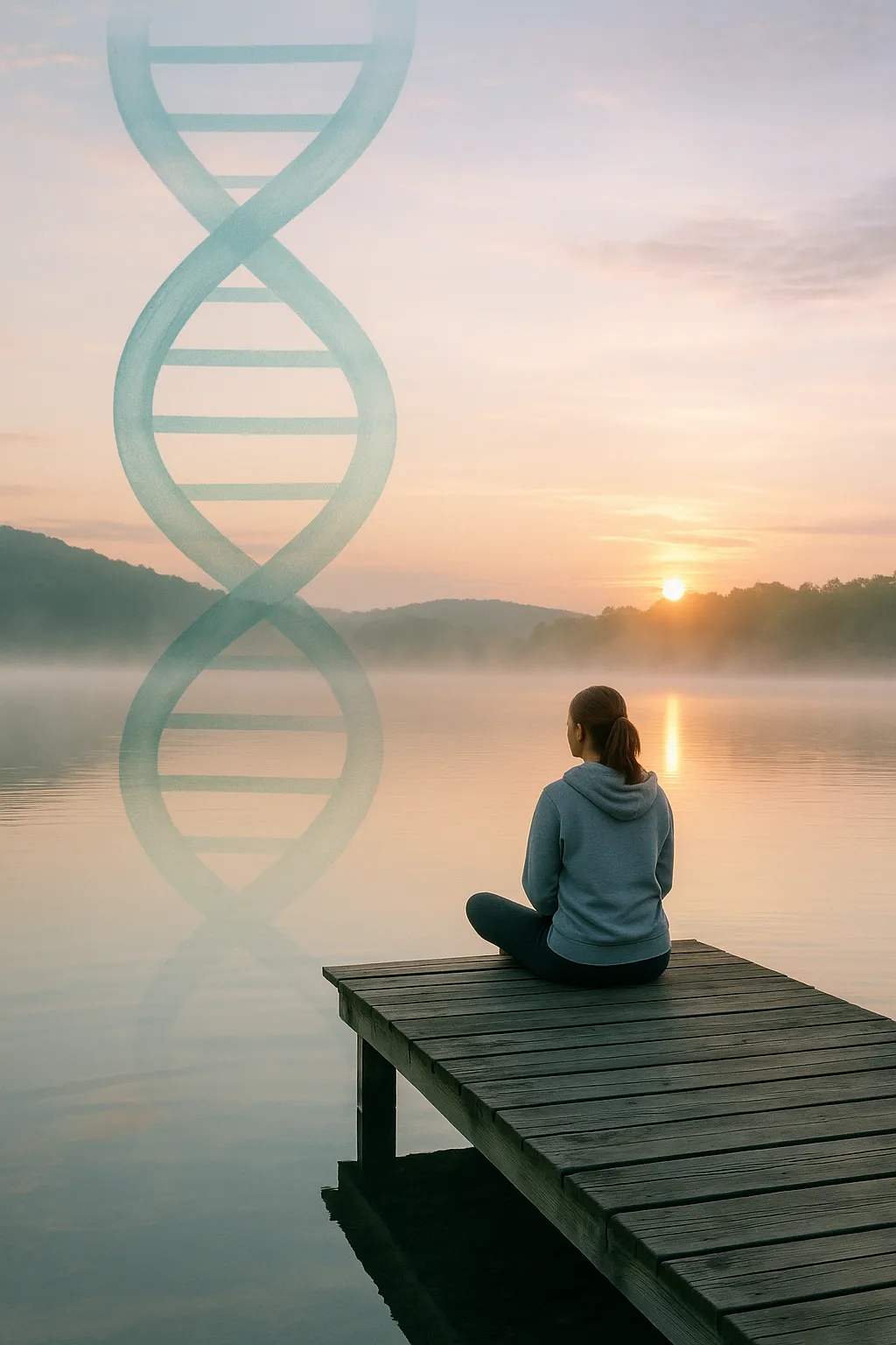 Calm sunrise over a misty lake with a translucent DNA helix